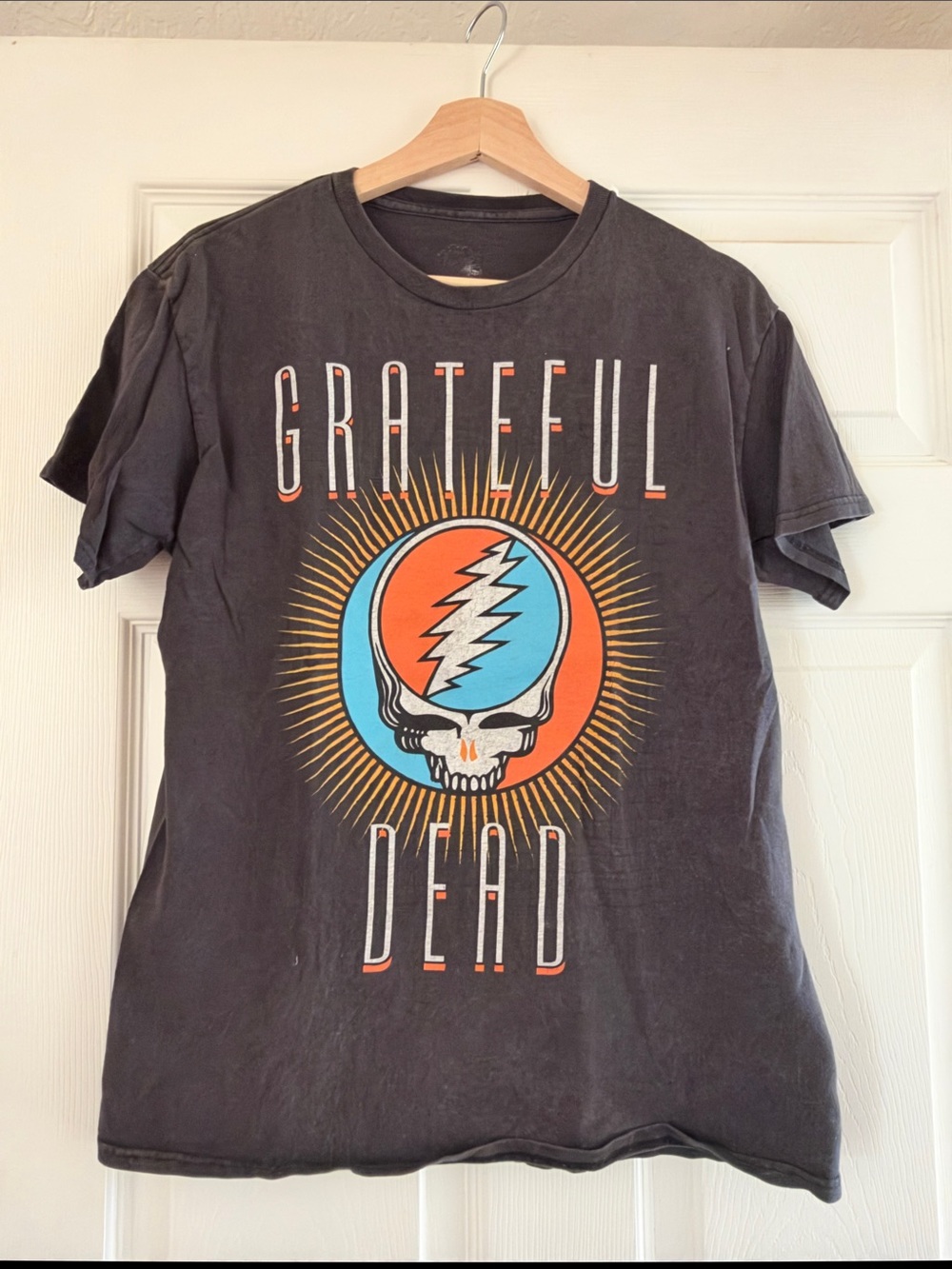 Grateful Dead Black Tee with Orange & Blue Skull Sunburst